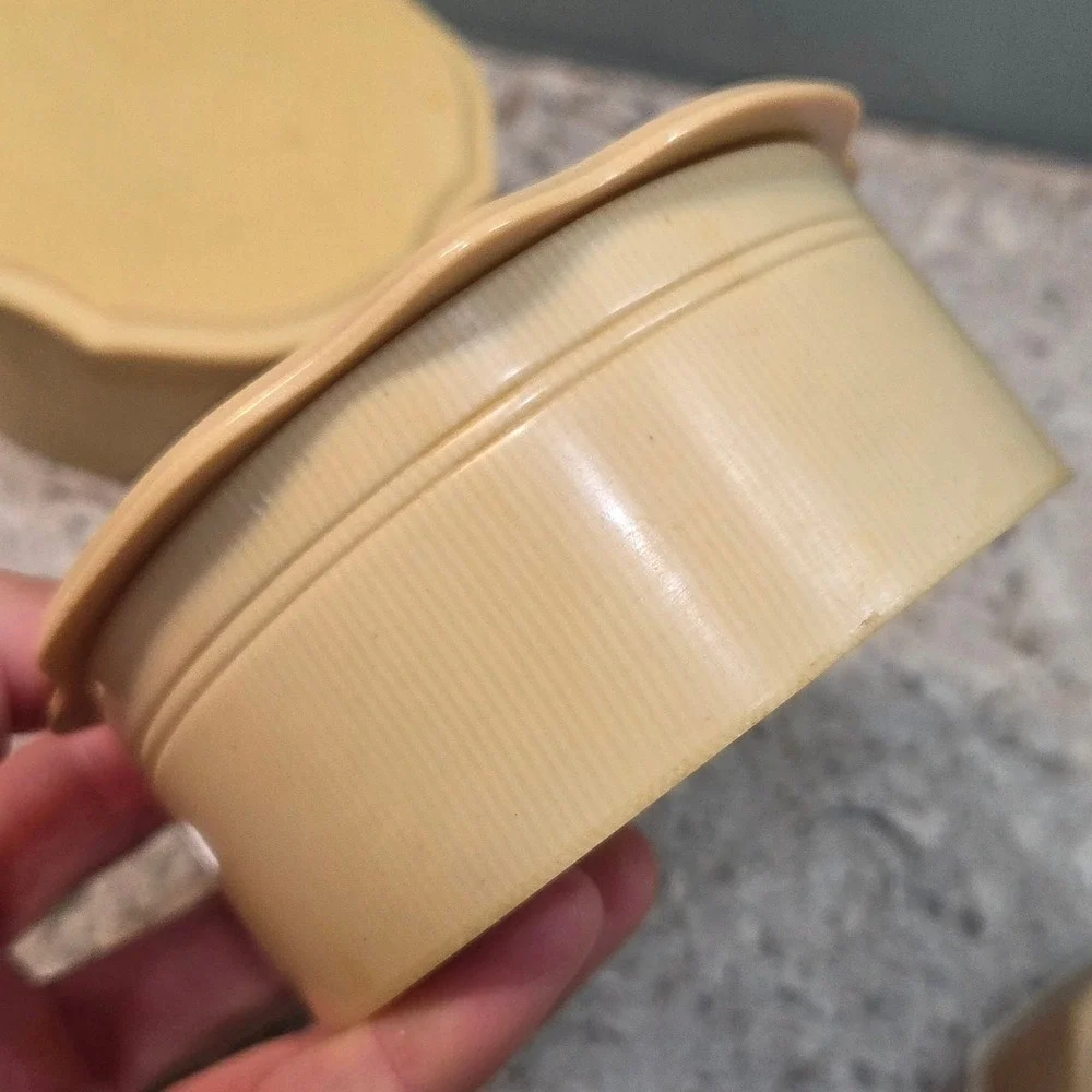 Vintage Fairfax Celluloid Vanity Boxes Cream Scalloped Art Deco Dresser Jars 4pc